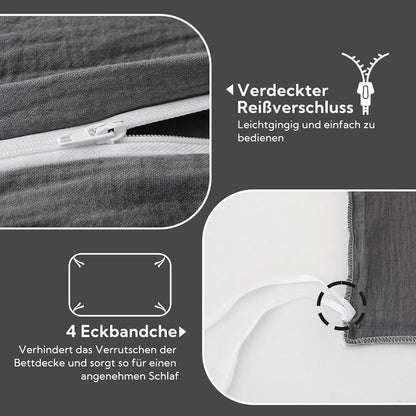 SOULFUL Doppelte Musselin Bettwäsche Set 200x200 Dunkelgrau 3tlg. 100% Baumwolle ÖKO-TEX