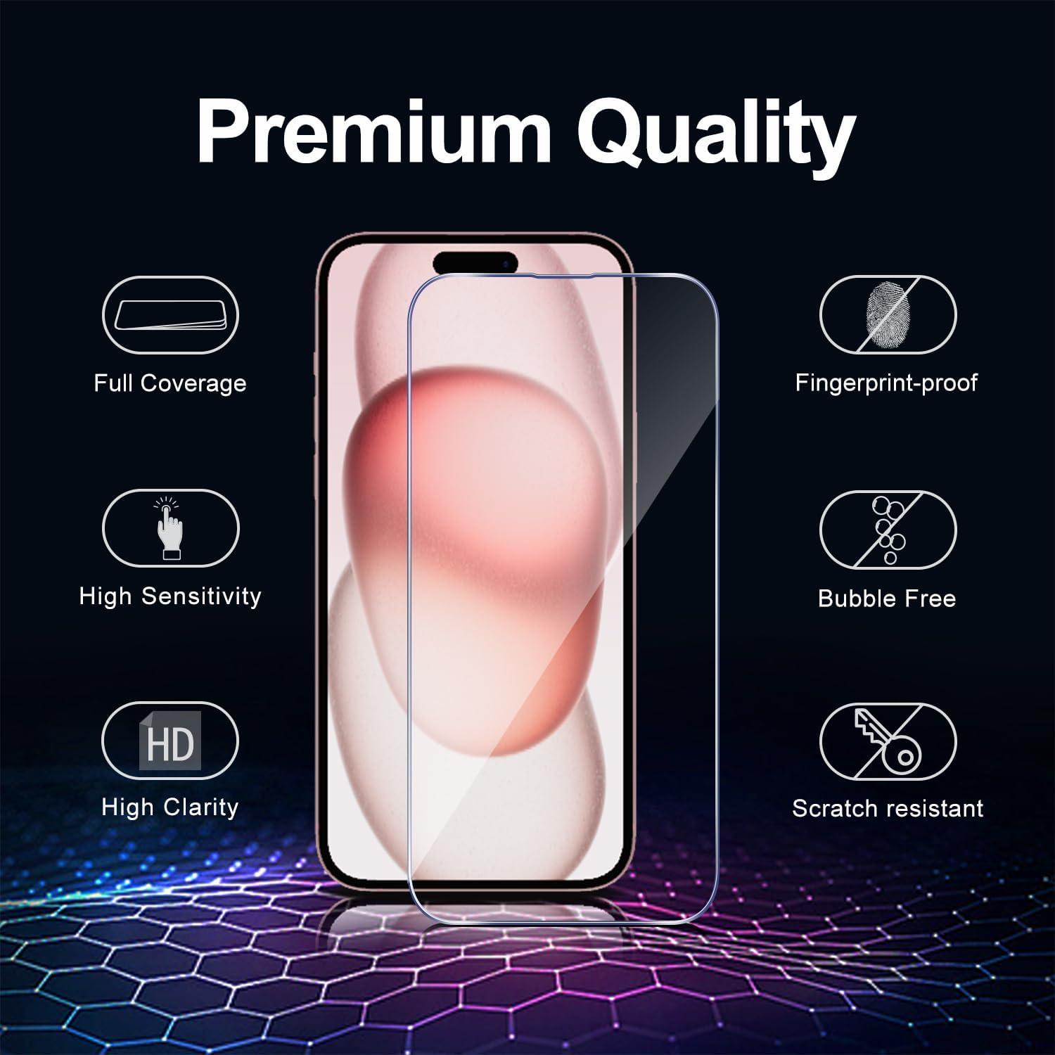 Panzer Schutz Glas für iPhone 15 (6,1 Zoll) 2er Pack 9H