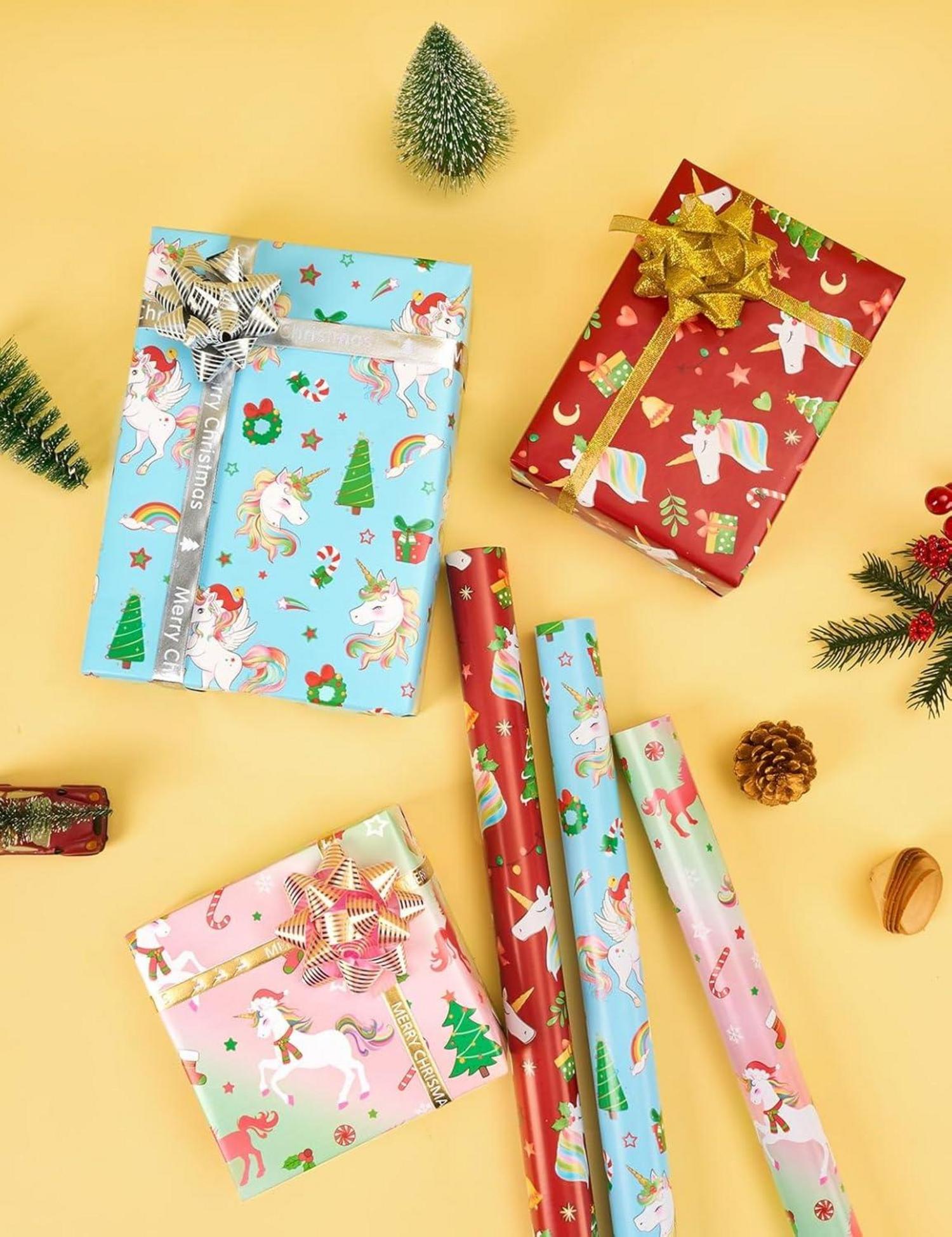 Weihnachts Einhorn Geschenkpapierrollen - 3er Set 43,2x304,8 cm Mädchen