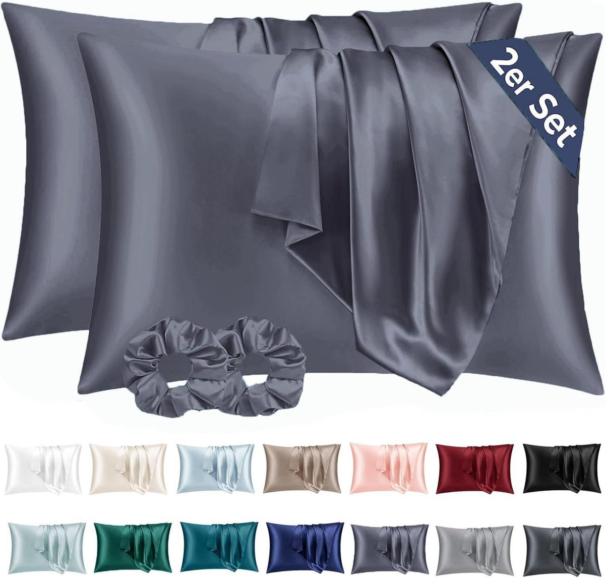 Satin Kissenbezug 40x80 Blau Violett mit Haargummis
