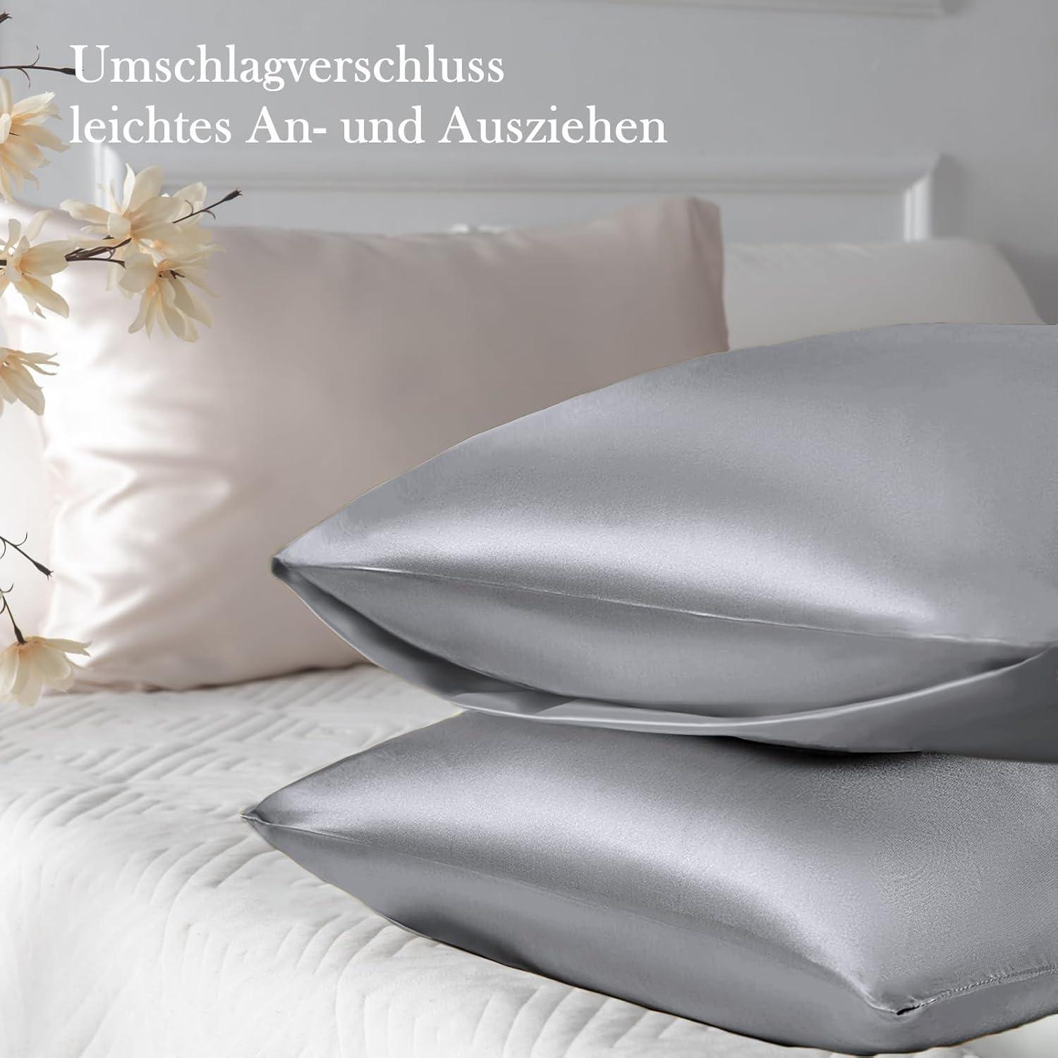 Satin Kissenbezug 2er-Set 40x70 Grau mit Haargummis