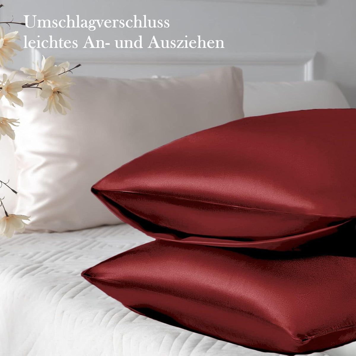 Satin Kissenbezug Set, 2 Haargummis, 40x70cm, Weinrot