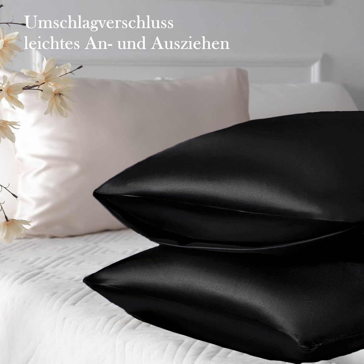 2er-Set Satin Kissenbezug Schwarz 40x70cm inkl. Haargummis