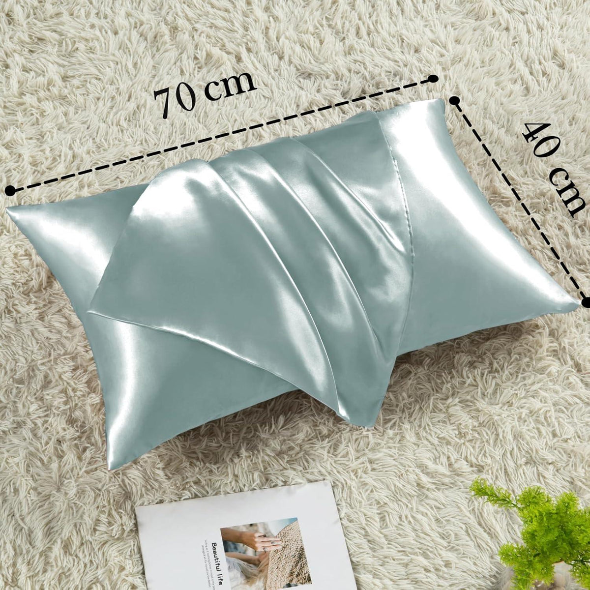 Satin Kissenbezüge 40x70 Grün 2er-Set mit Haargummis