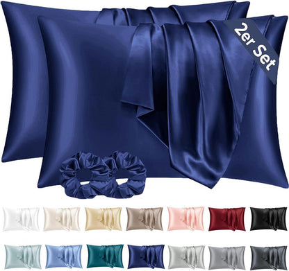 Satin Kissenbezug Dunkelblau 2er-Set mit Haargummis 40x70cm