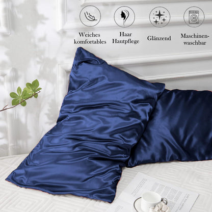 Satin Kissenbezug 2er-Set Dunkelblau 70x40 Haargummis neu
