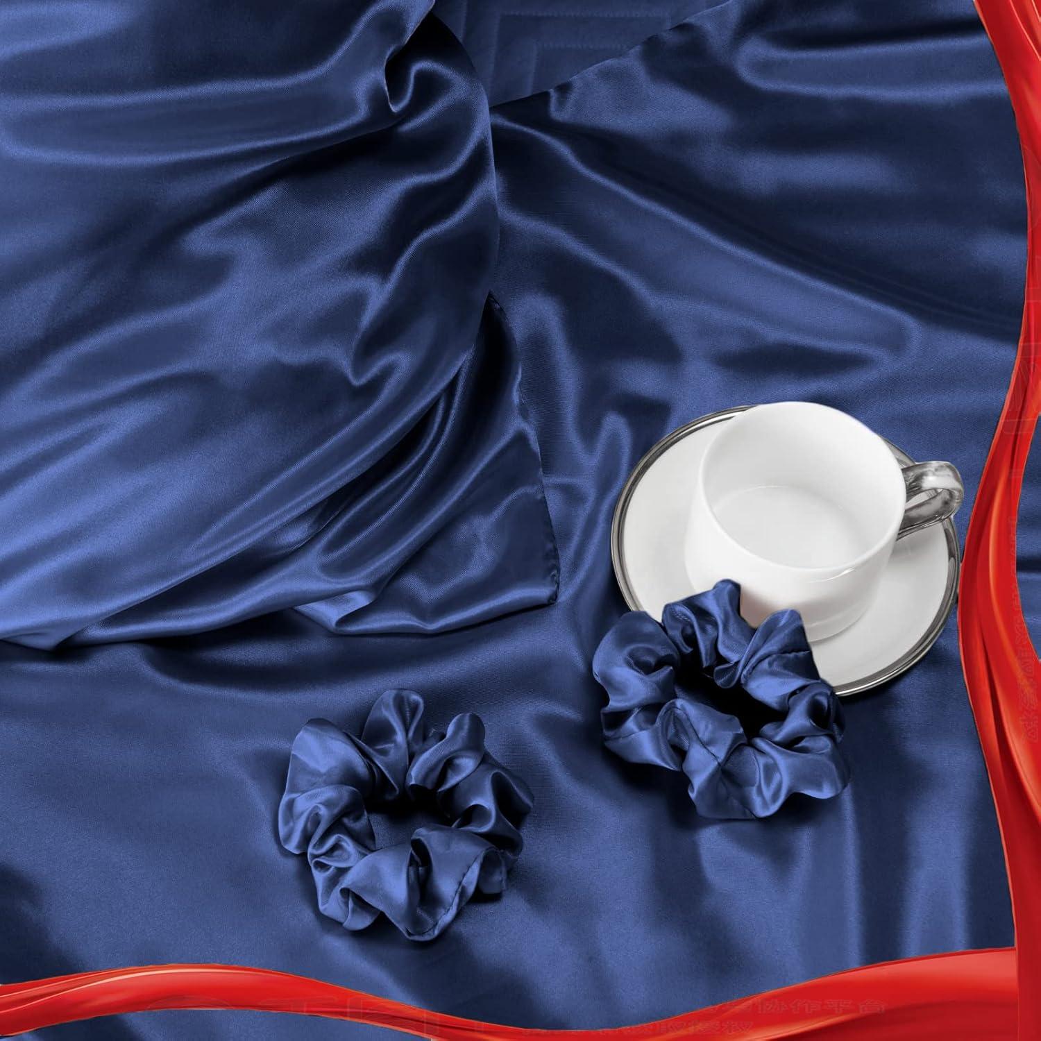 Premium Satin Kissenbezug 2er-Set 40x70 Dunkelblau mit Haargummis