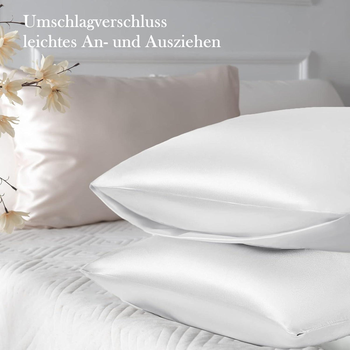 Satin Kissenbezug 70x40 Weiß 2er-Set Haargummis Inklusive