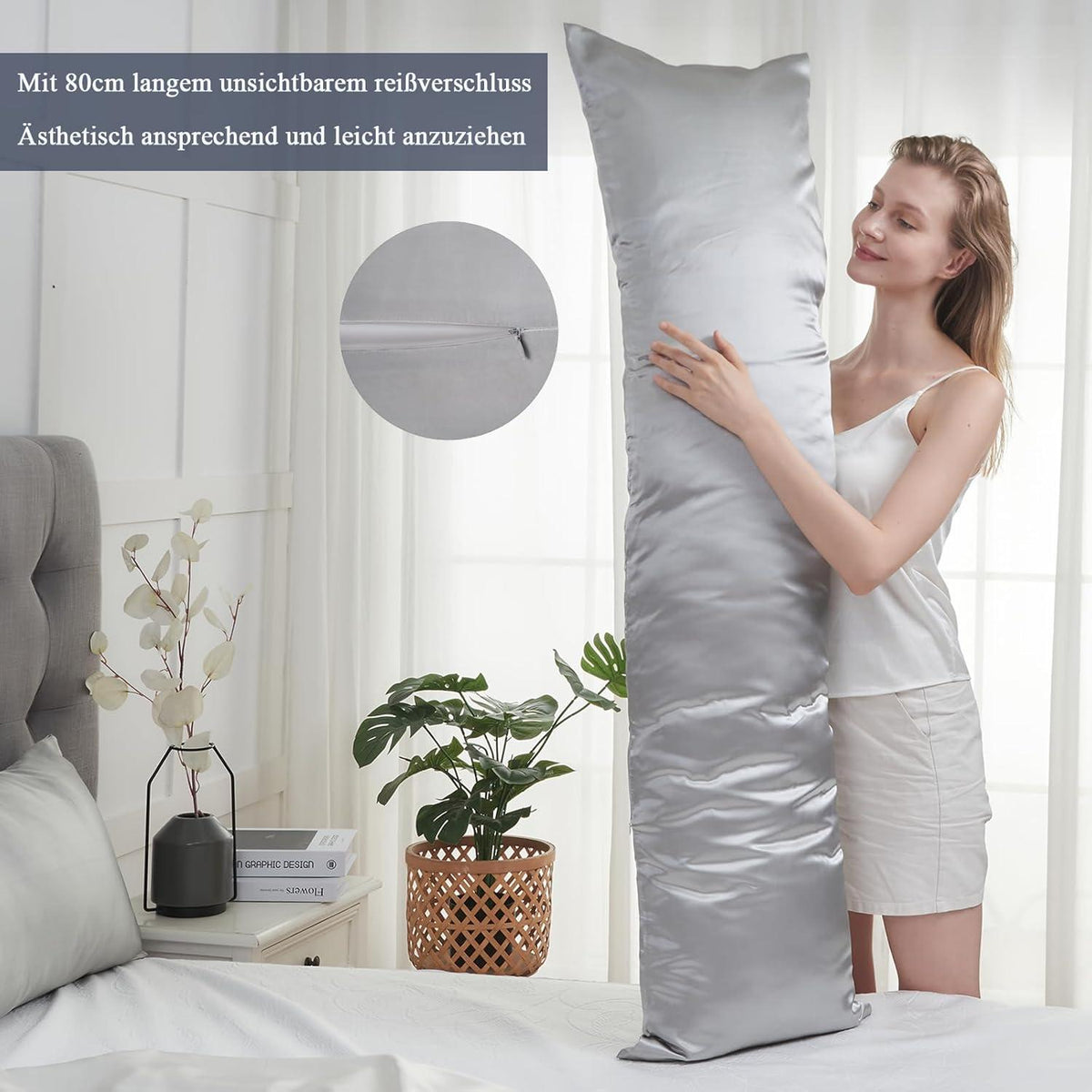 Vielit Satin-Kissenbezug 40x145cm Hellgrau 2 Haargummis Öko-Zertifikat