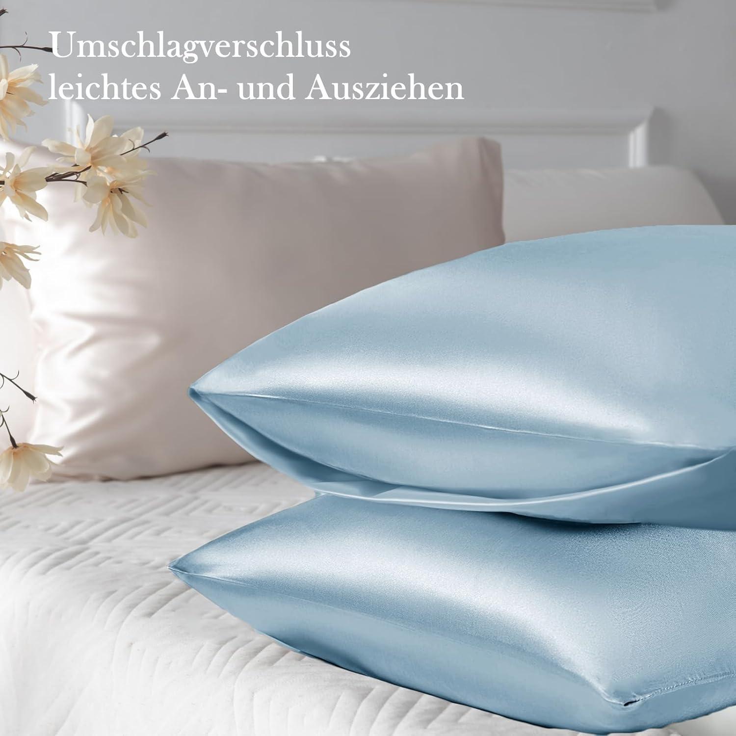 Satin Kissenbezug 2er Set 40x80 Hellblau mit Haargummis
