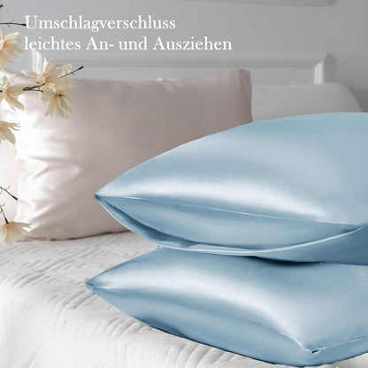 Satin Kissenbezug 2er Set 40x80 Hellblau mit Haargummis