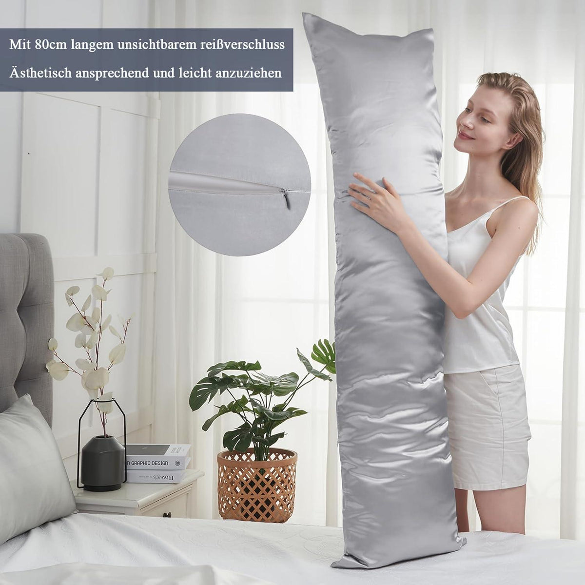 Satin Kissenbezug 40x145cm Grau mit Haargummis 2