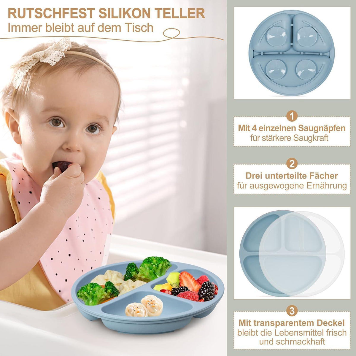 Silikon Baby Geschirr Set 7-teilig mit Saugnapf & Lätzchen