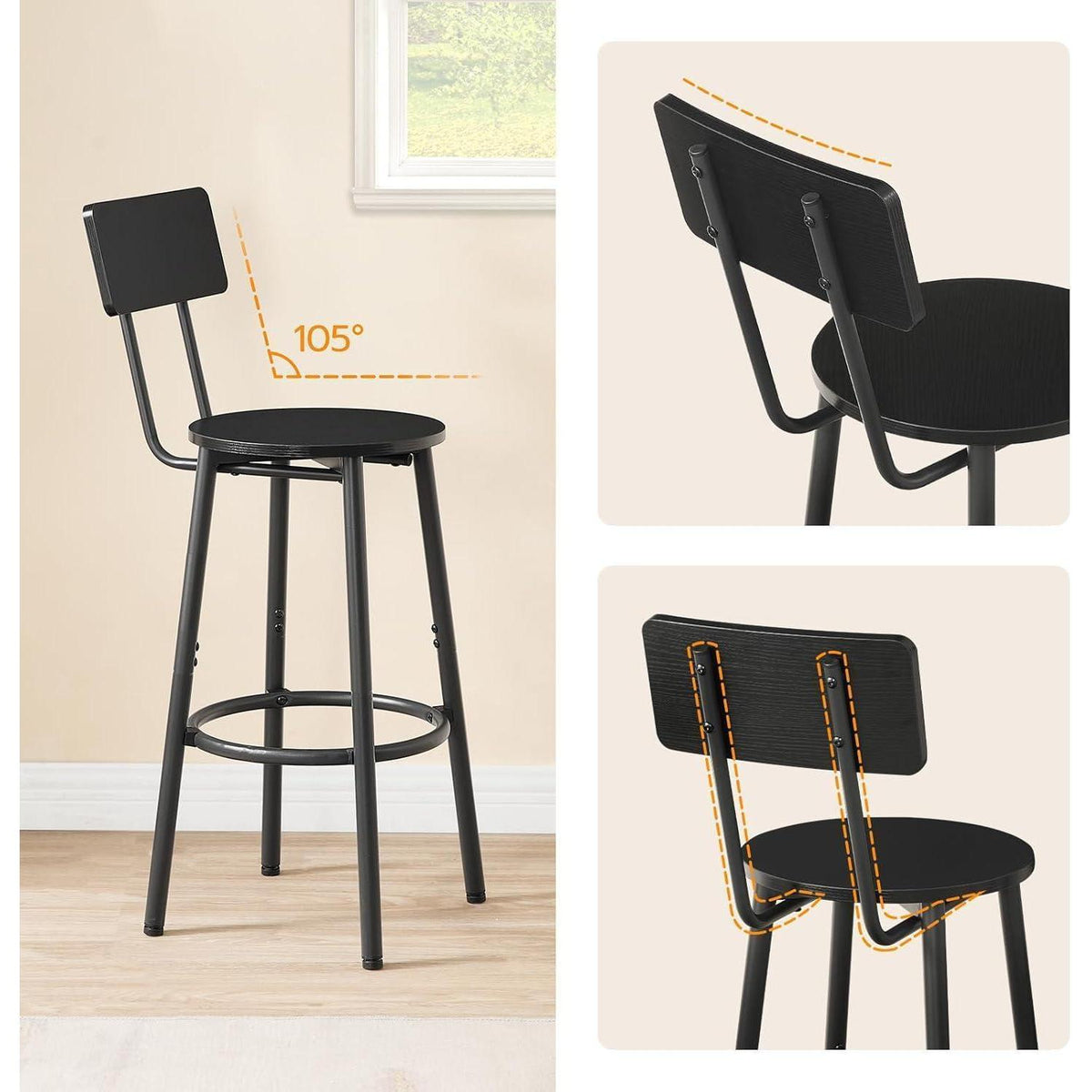Barhocker Set 2er-Pack mit Rückenlehne & Fußstütze Schwarz