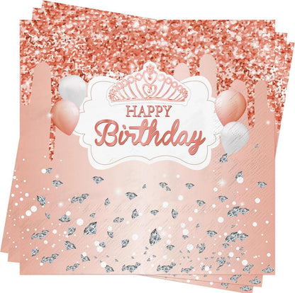 80Stück Happy Birthday Servietten Rosa 33x33cm Party Deko Glamourös