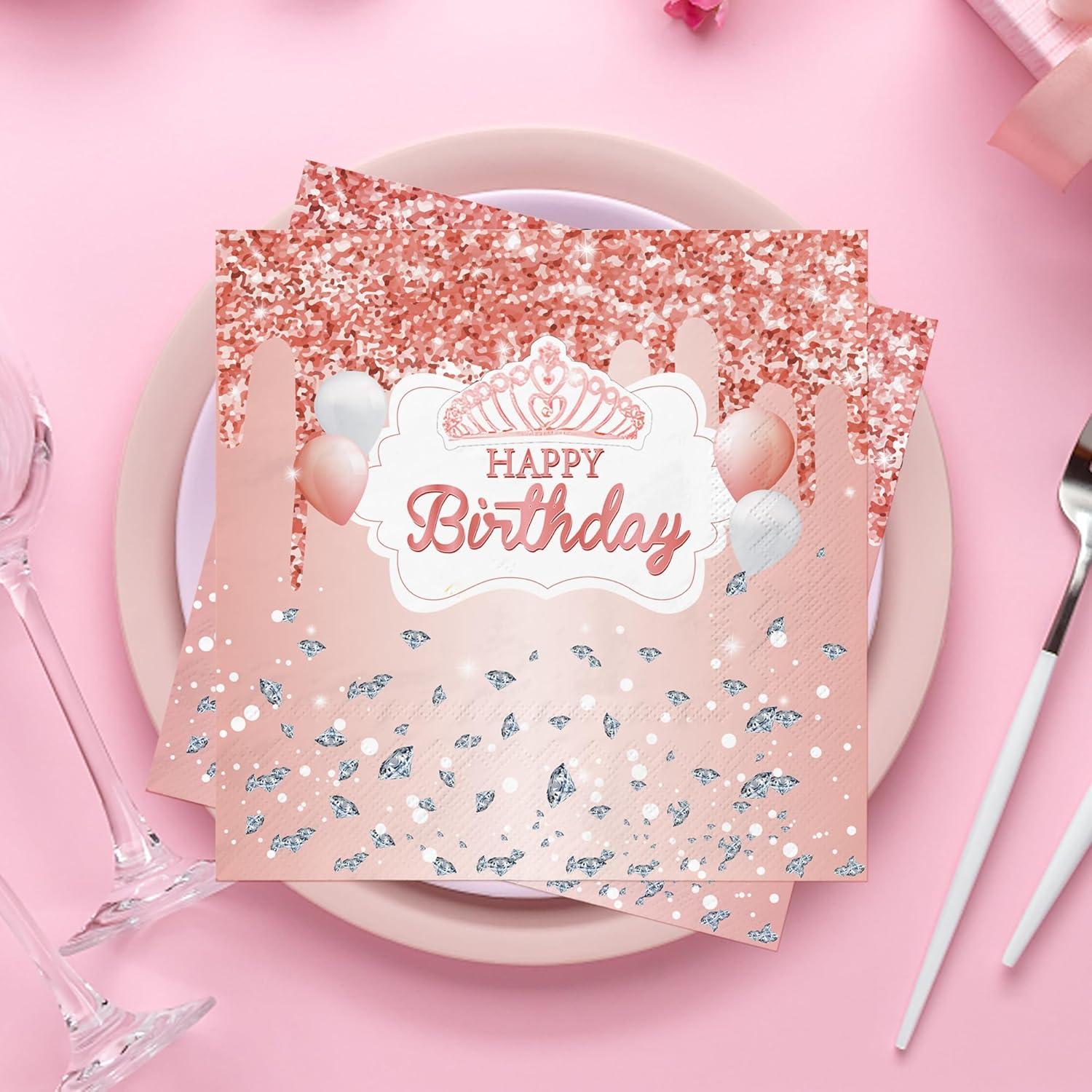 80 Stück Roségold Happy Birthday Servietten 33x33cm - Party Deko für Geburtstag