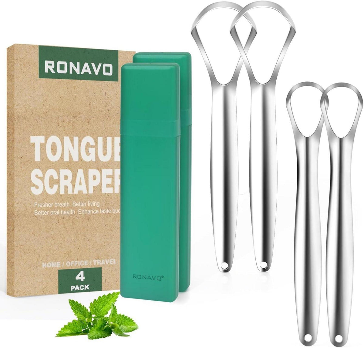 Zungenschaber Edelstahl im Reiseetui, 4er-Pack, ergonomisch, langlebig