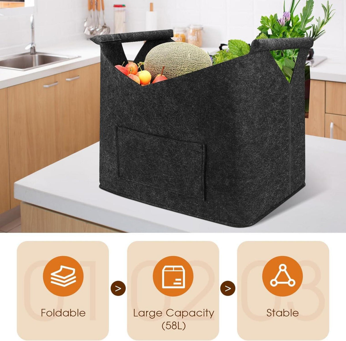 XL Holzkorb Kamin Brennholz Filztasche Aufbewahrungskorb 45x32x40cm Schwarz