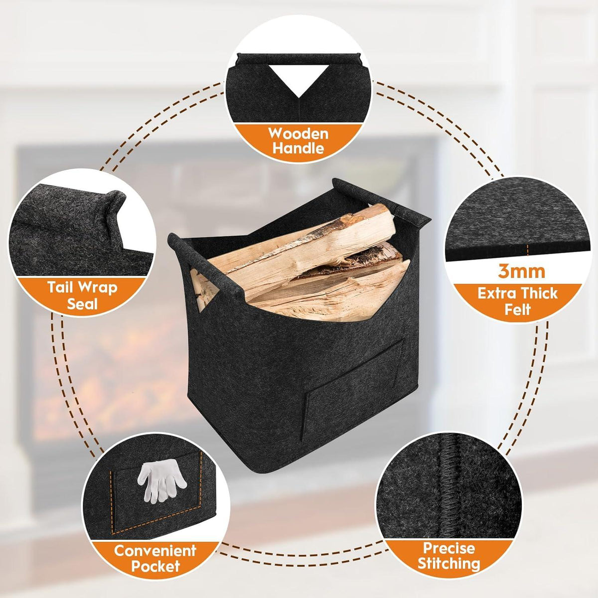 Holzkorb XL Kamin Brennholzkorb Filztasche 45x32x40cm Schwarz-01