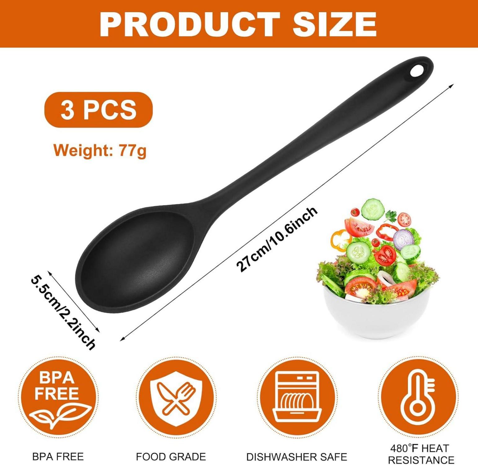 3er Set Schwarze Silikon Kochlöffel 27cm - Hitzebeständig