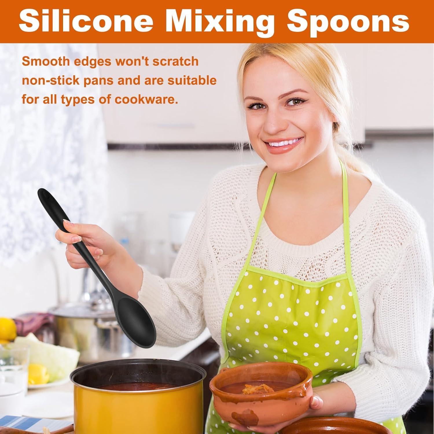 3er Set Silikon Kochlöffel Schwarz 27cm Antihaft Rührlöffel - Hitzebeständig für Küche Backen Rühren
