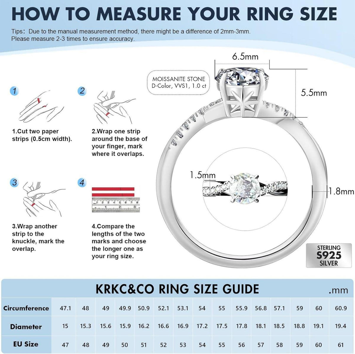 Solitär Verlobungsring Damen Moissanite 1-2 Karat VVS1 D 925