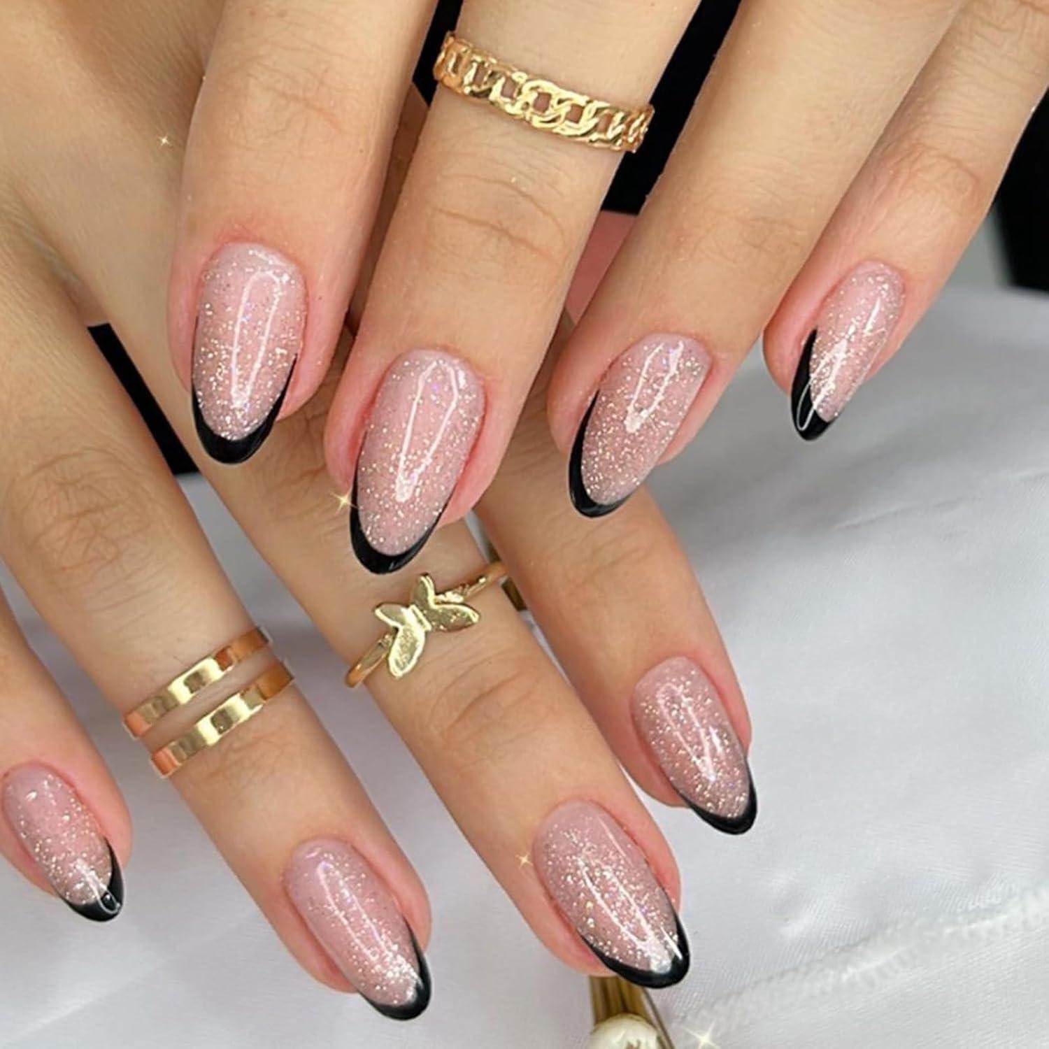 24 Stück Press on Nägel Acryl Schwarz Glänzend mit Nagelkleber