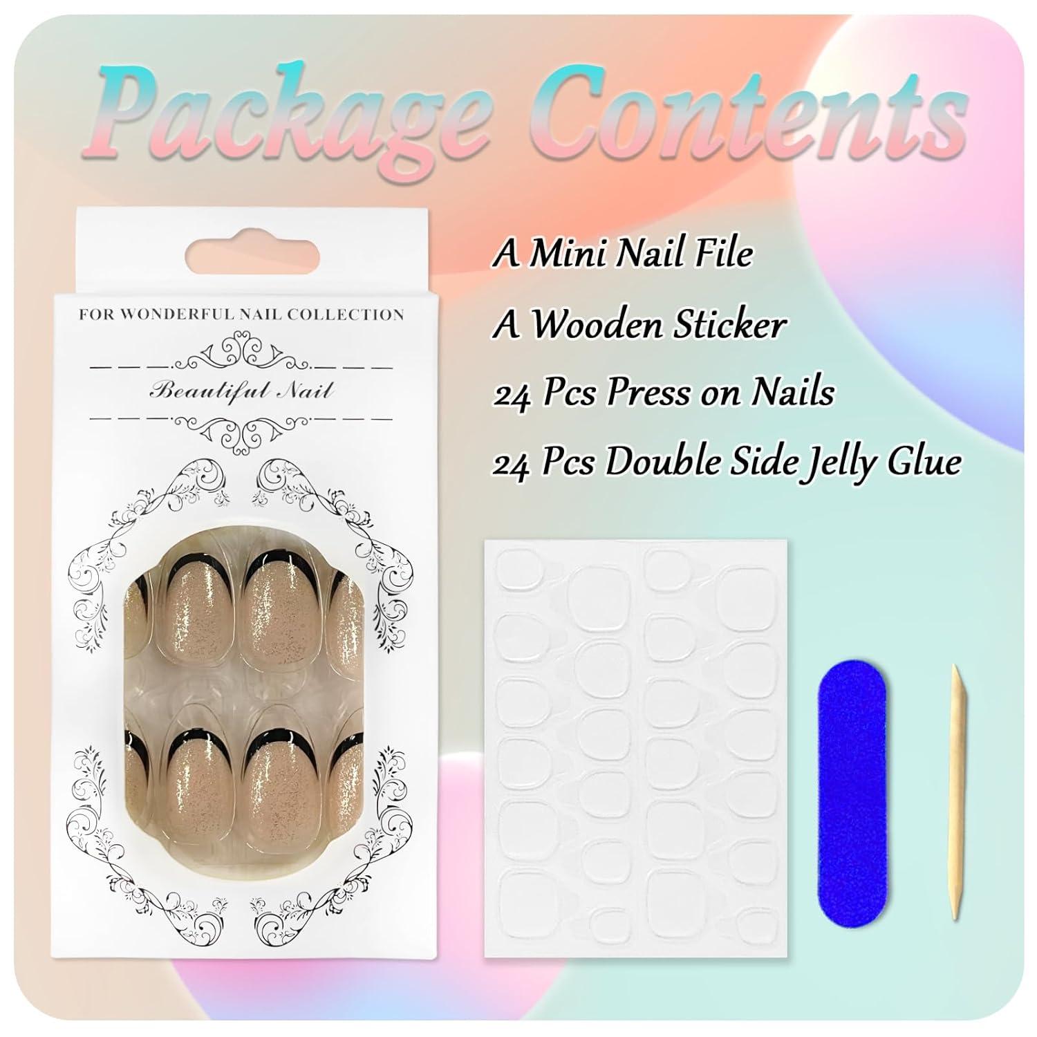 24 Stück Schwarze Glänzende Französische Kunstnägel Press on Nails mit
