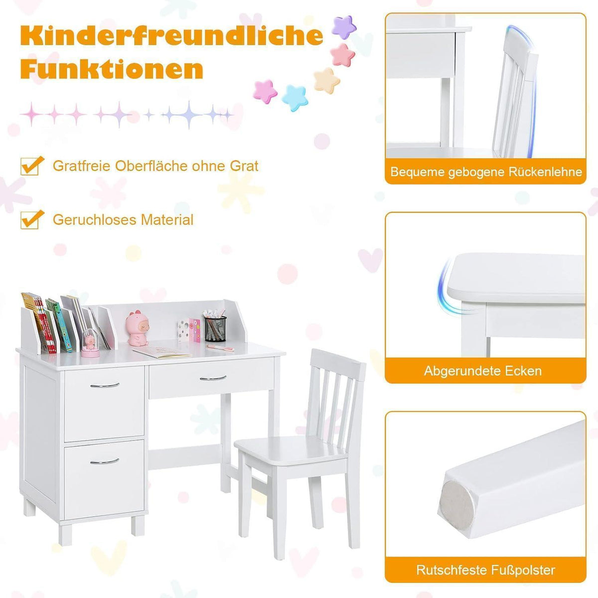 Kinderschreibtisch mit Stuhl und Bücherregal, Weiß