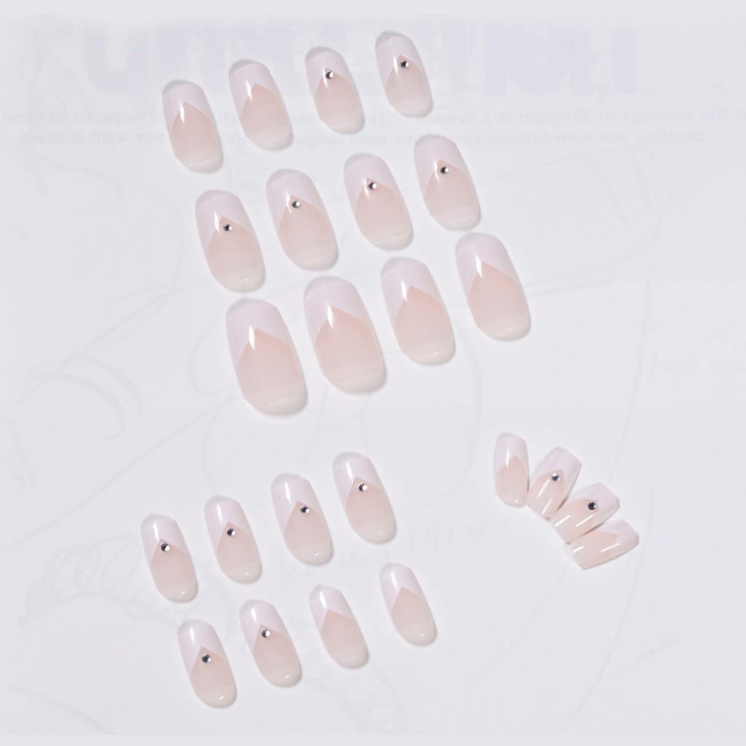 24 Stk. Weiße French Nägel mit Strass, Kurz, Aufkleben, Kunstnägel, Hochwertig