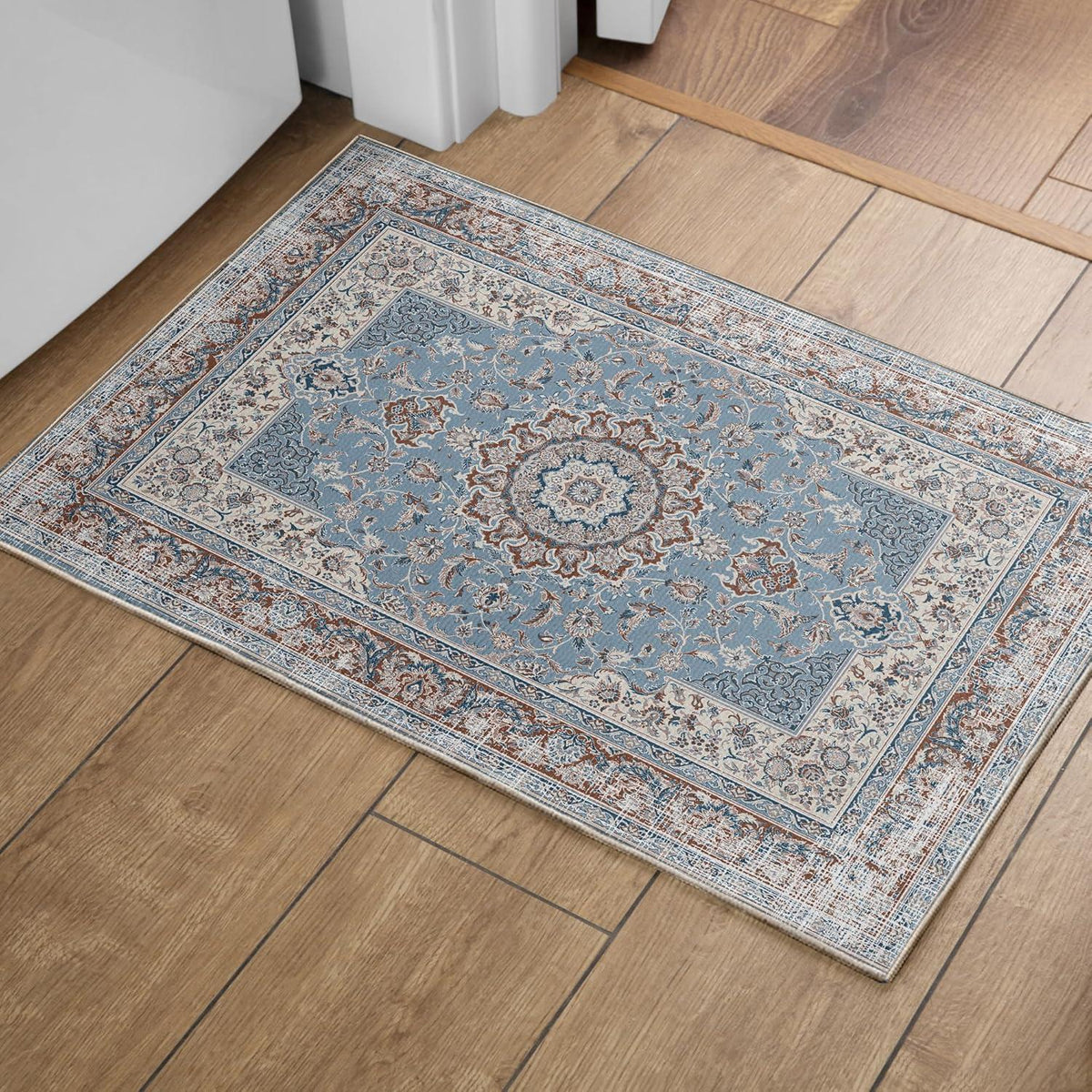Orientalischer Waschbarer Vintage Teppich Weich Rutschfest Blau