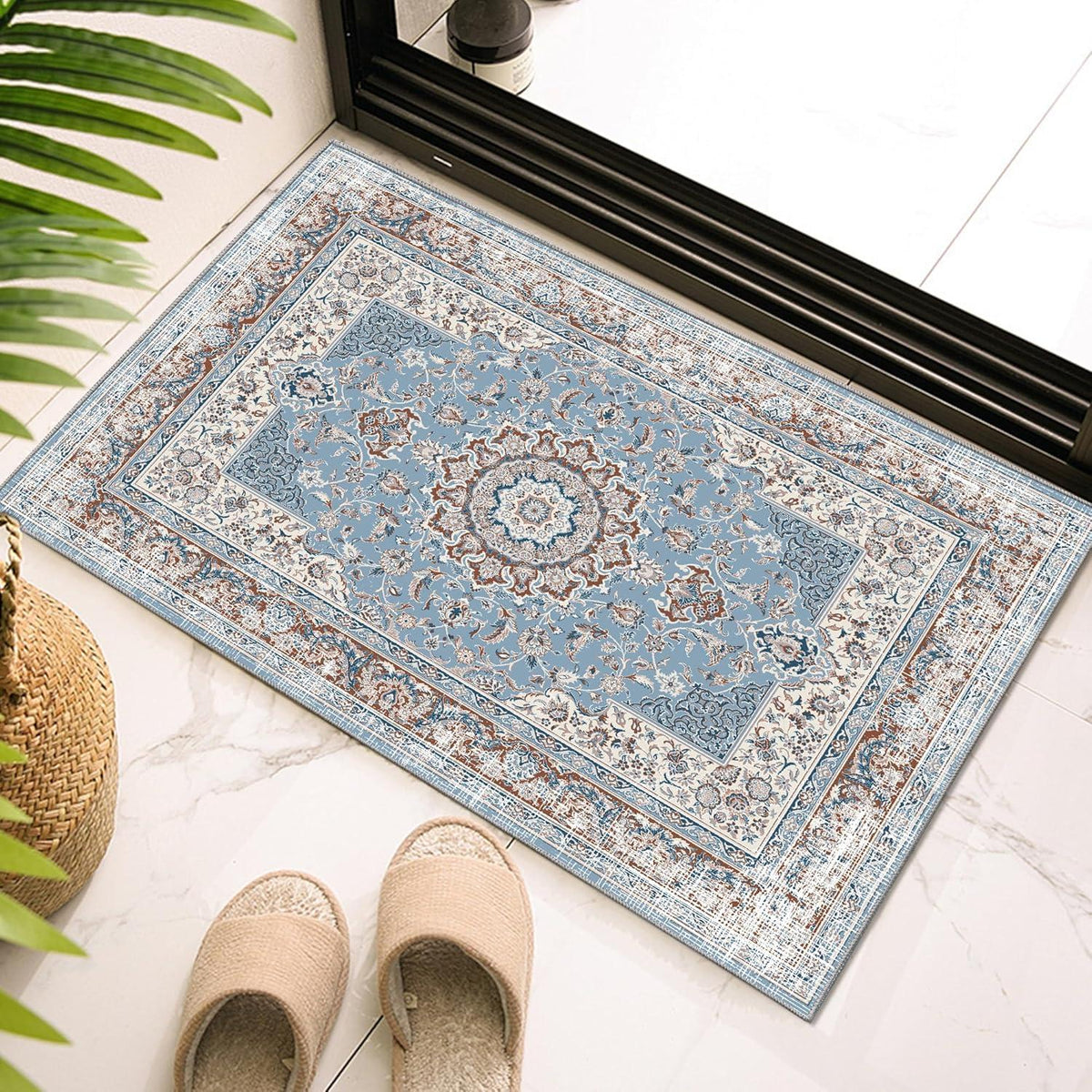 OMERAI Vintage Teppich Blau Orientalisch Kurzflor rutschfest