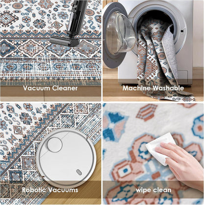 OMERAI Blauer Orientalischer Vintage-Teppich 60x130cm Waschbarer Kurzflor