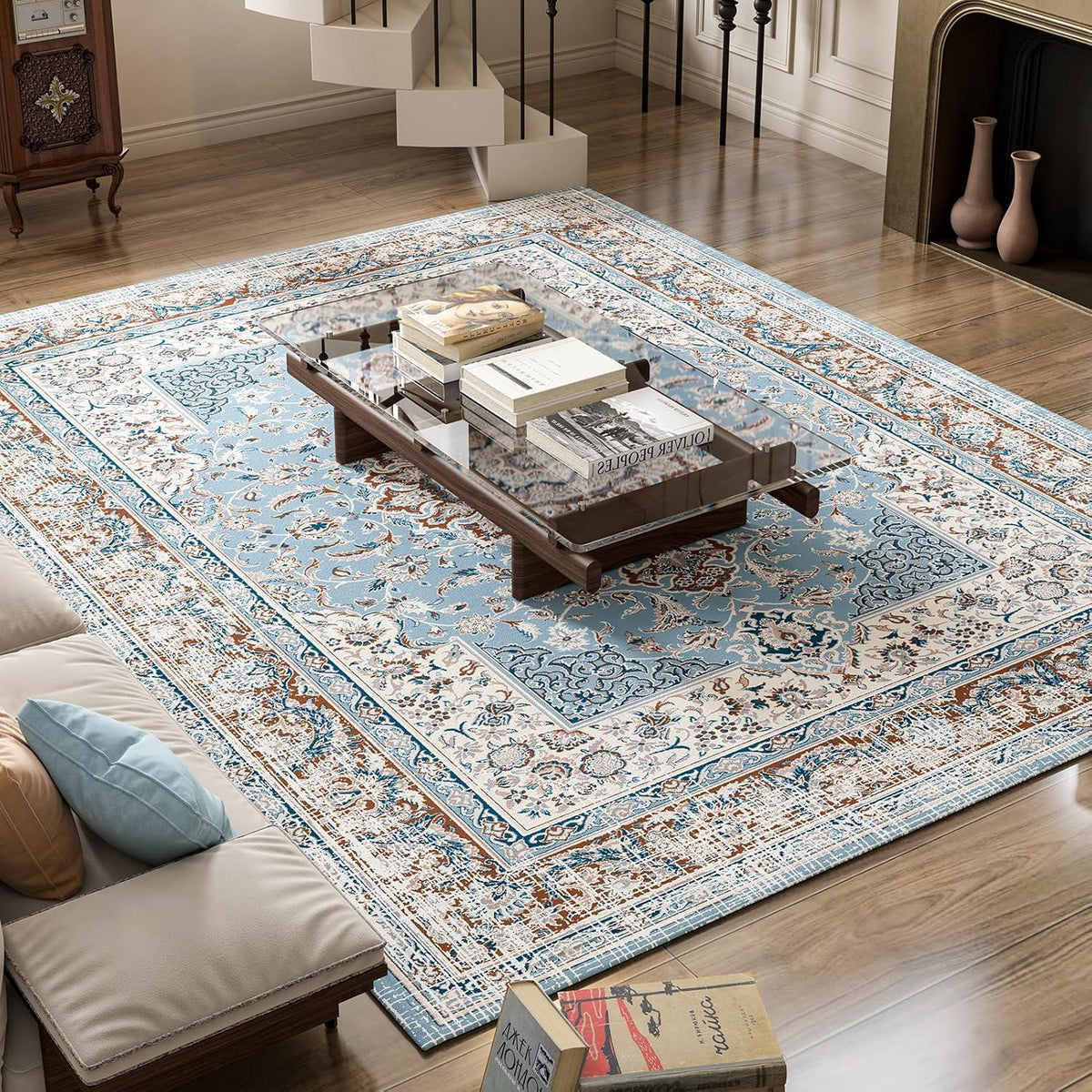 OMERAI Blauer Orientalischer Vintage-Teppich 60x130cm Waschbarer Kurzflor