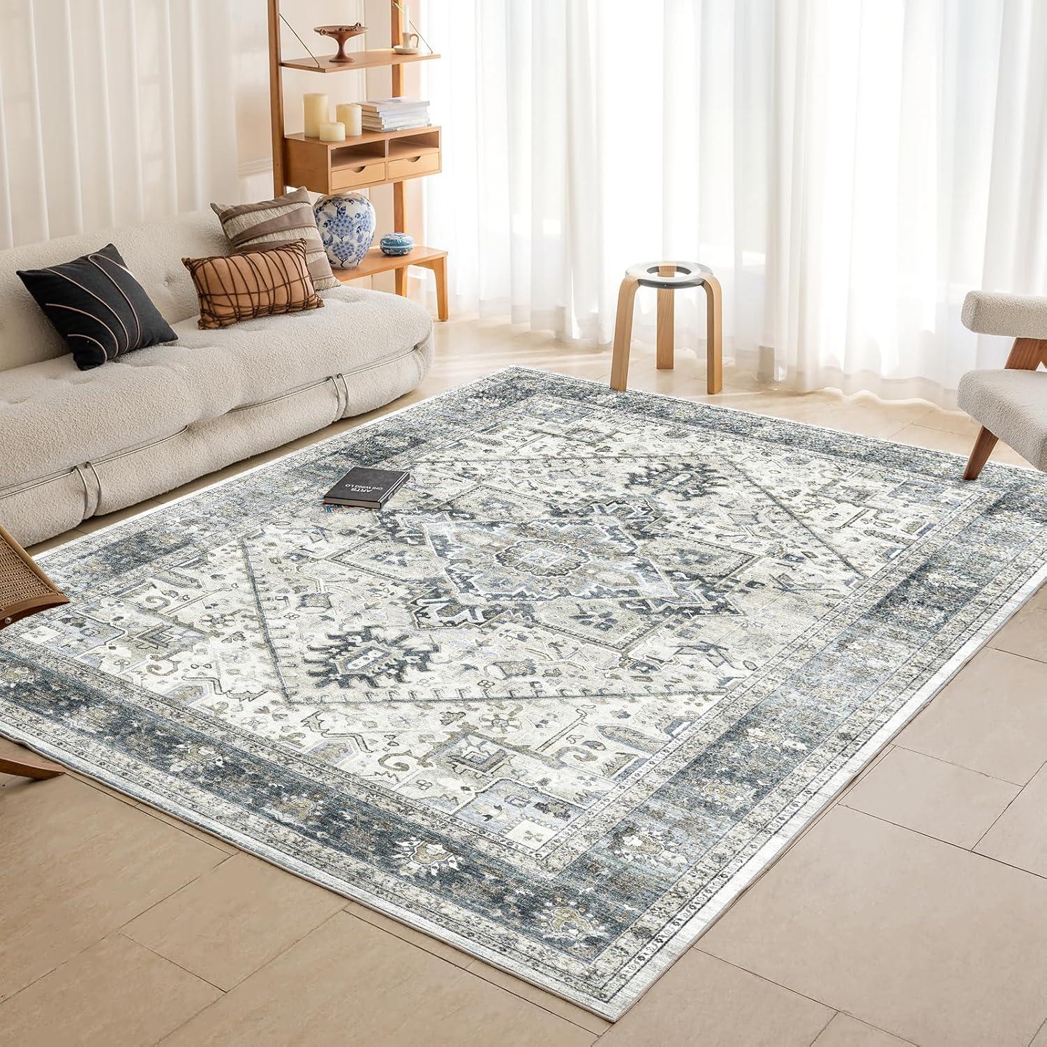 Vintage Teppich Kurzflor 120x170CM waschbar rutschfest Boho Cyanfarben