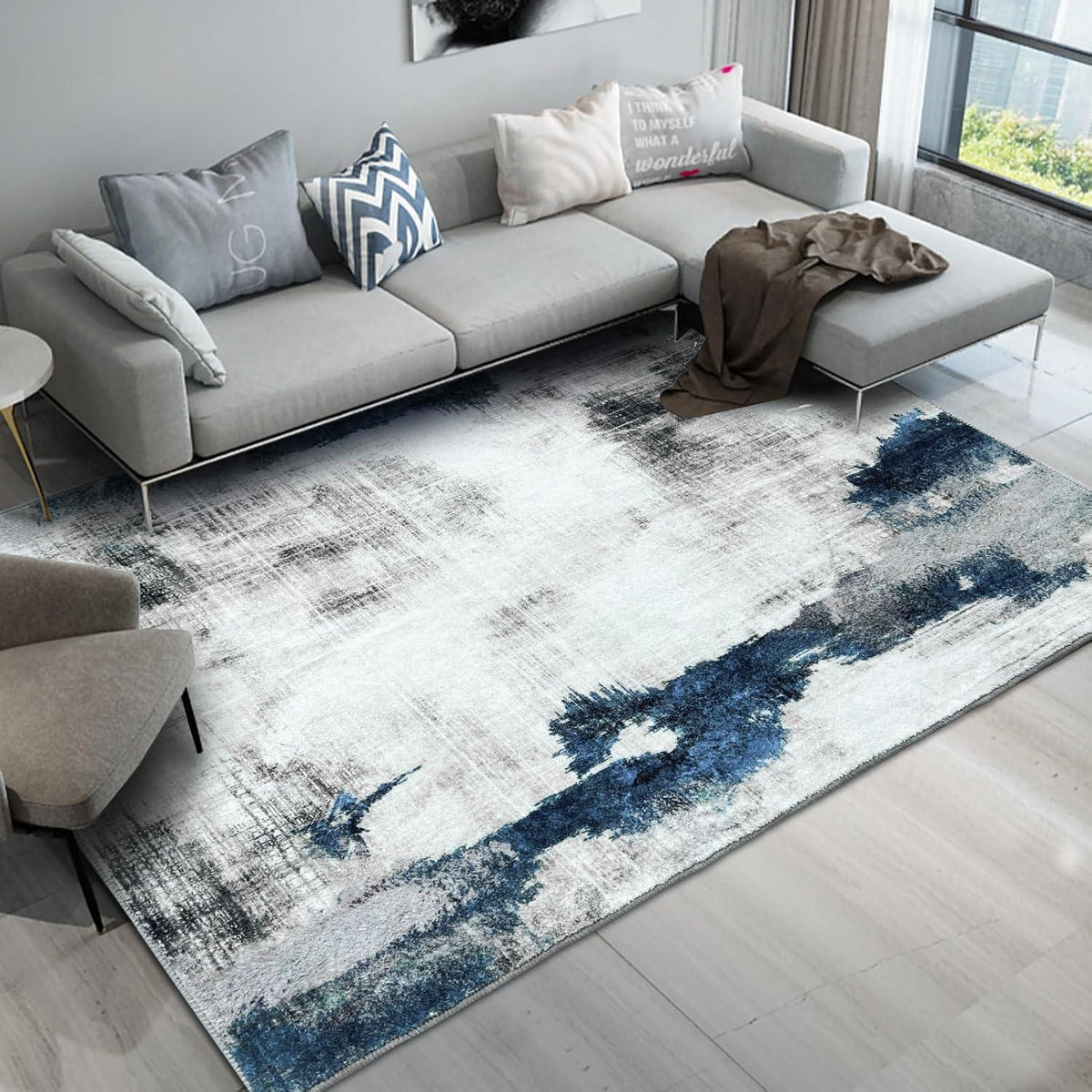 Waschbarer Teppich Wohnzimmer Kurzflor Abstrakt Chic Blau 200x290CM