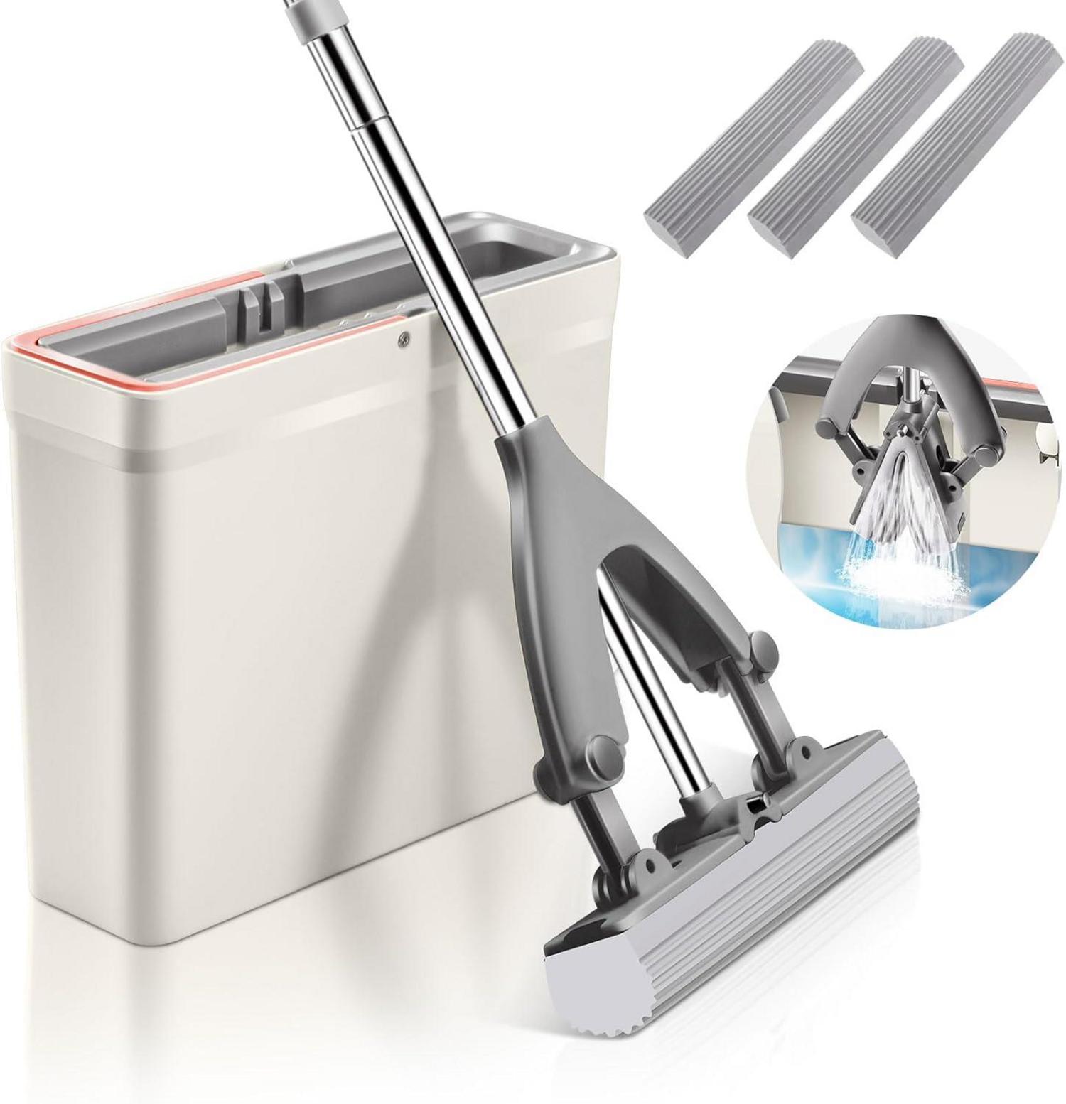 HEVOL Wischmopp Set mit Eimer und 3 PVA Wischköpfen