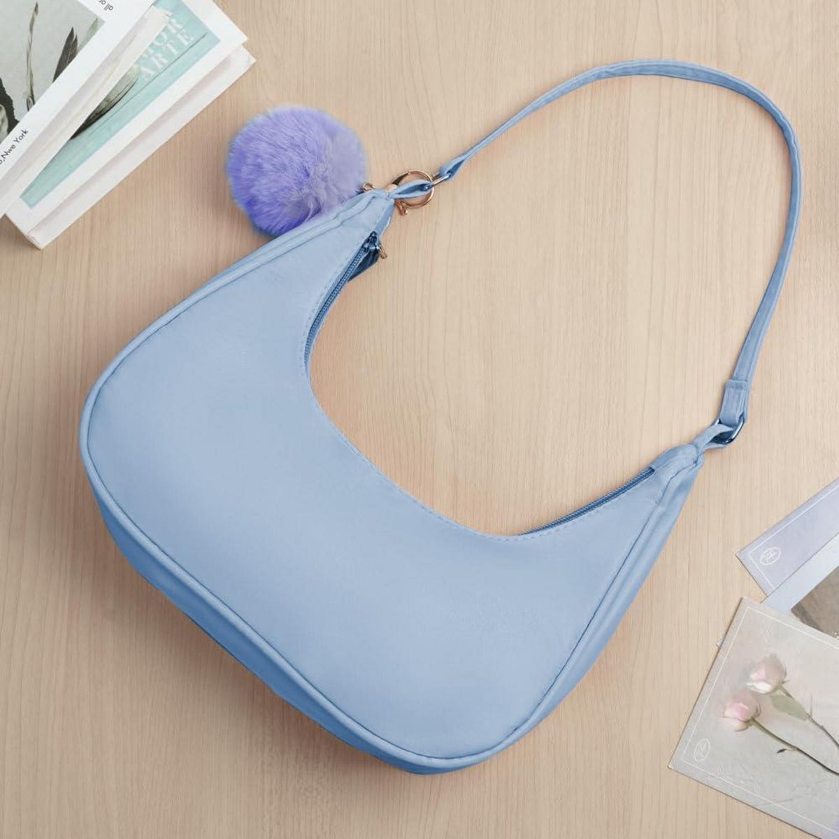 Aucuu Umhängetasche Damen Handtasche Retro Nylon Y2k Fashion Pom-Pom Schlüsselanhänger