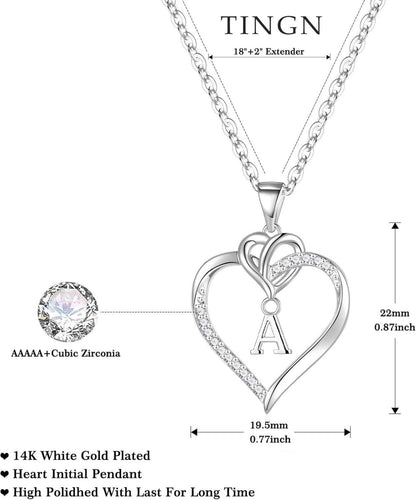 Valentinstag Geschenke Herz Initialen Halskette 14K Silber Zirkonia Buchstaben