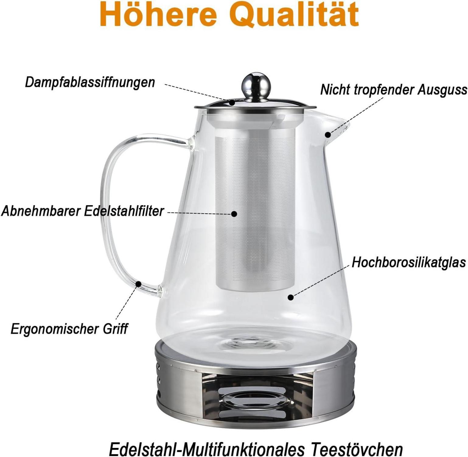 1200ml Teekanne Borosilikatglas mit Siebeinsatz und Stövchen