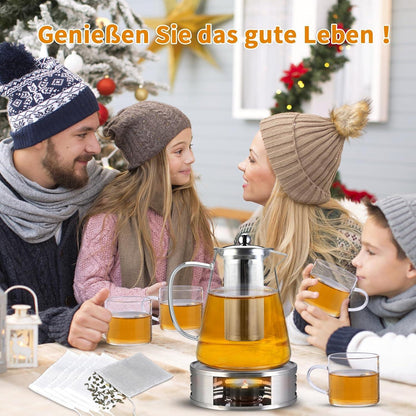 Teekanne 1200ml Borosilikatglas mit Siebeinsatz Stövchen Edelstahl Deckel 50