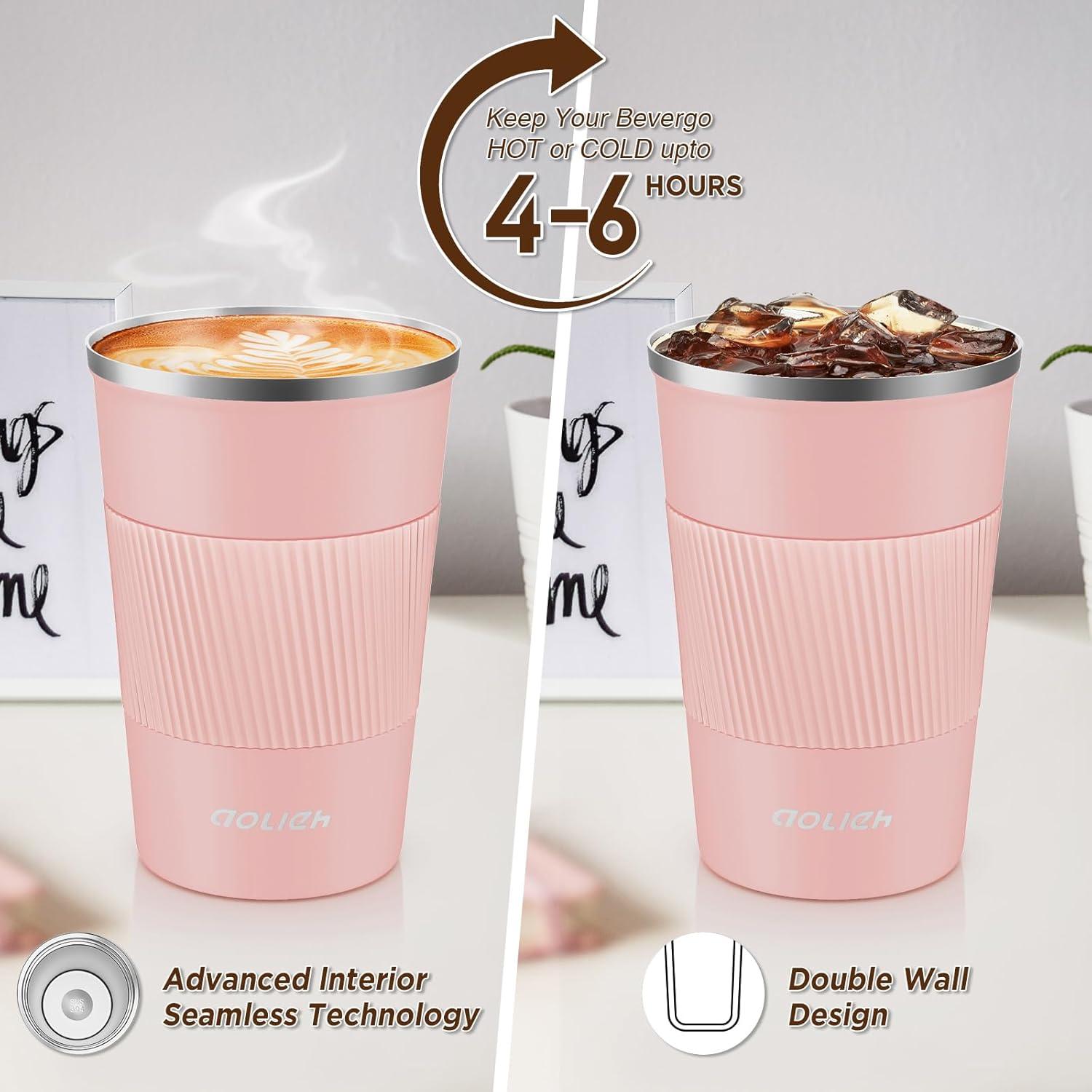 Aolieh Thermobecher Kaffeebecher Auslaufsicher Edelstahl 380ml Orange Rosa