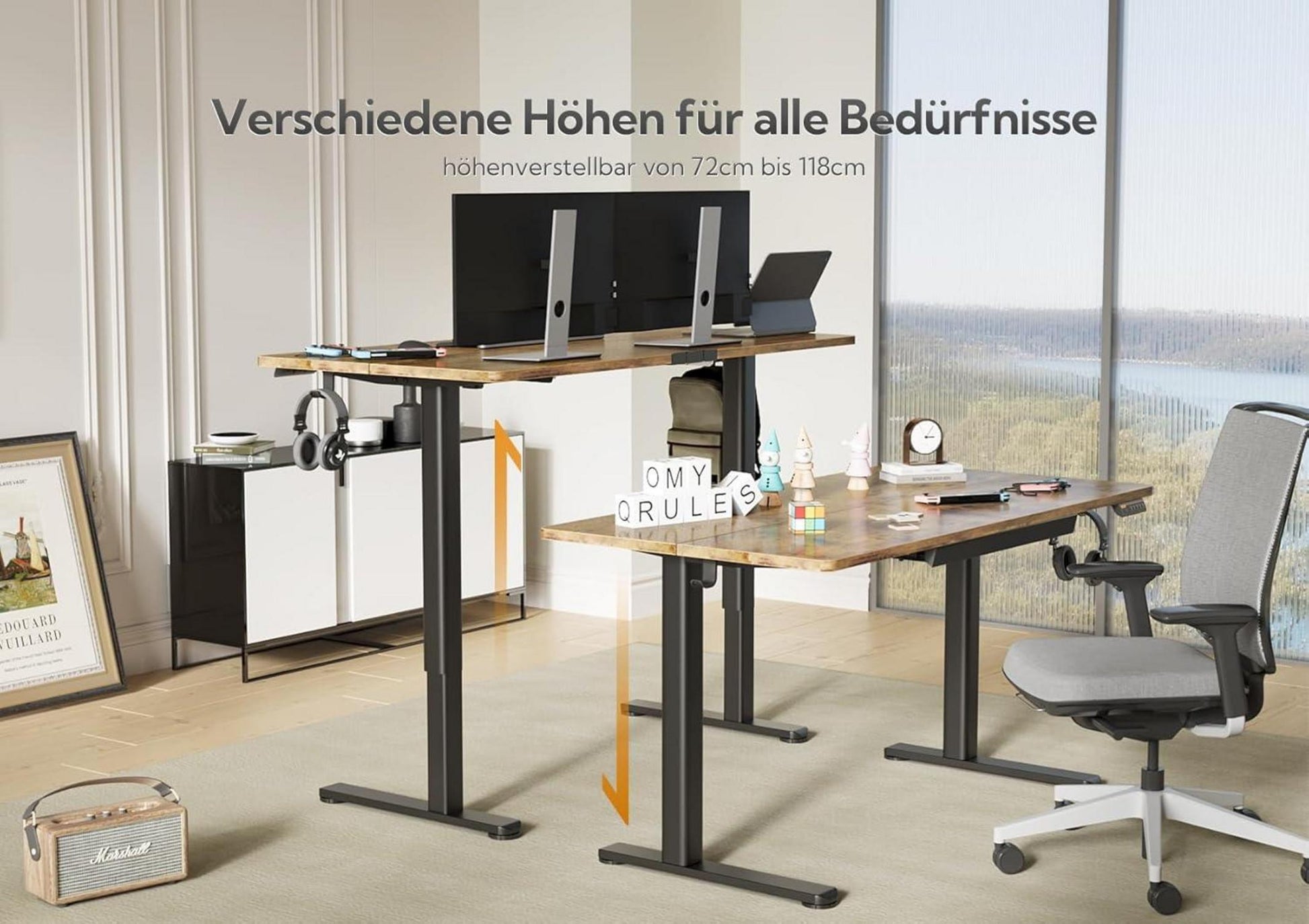 Höhenverstellbarer Schreibtisch 140x60 cm mit Schublade, Elektrisch, Schwarz/Vintage Braun