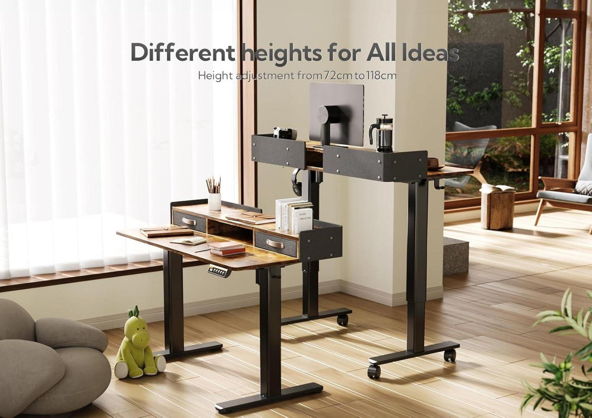 Höhenverstellbarer Schreibtisch 120x60 cm mit Schubladen und Monitorständer, Braun