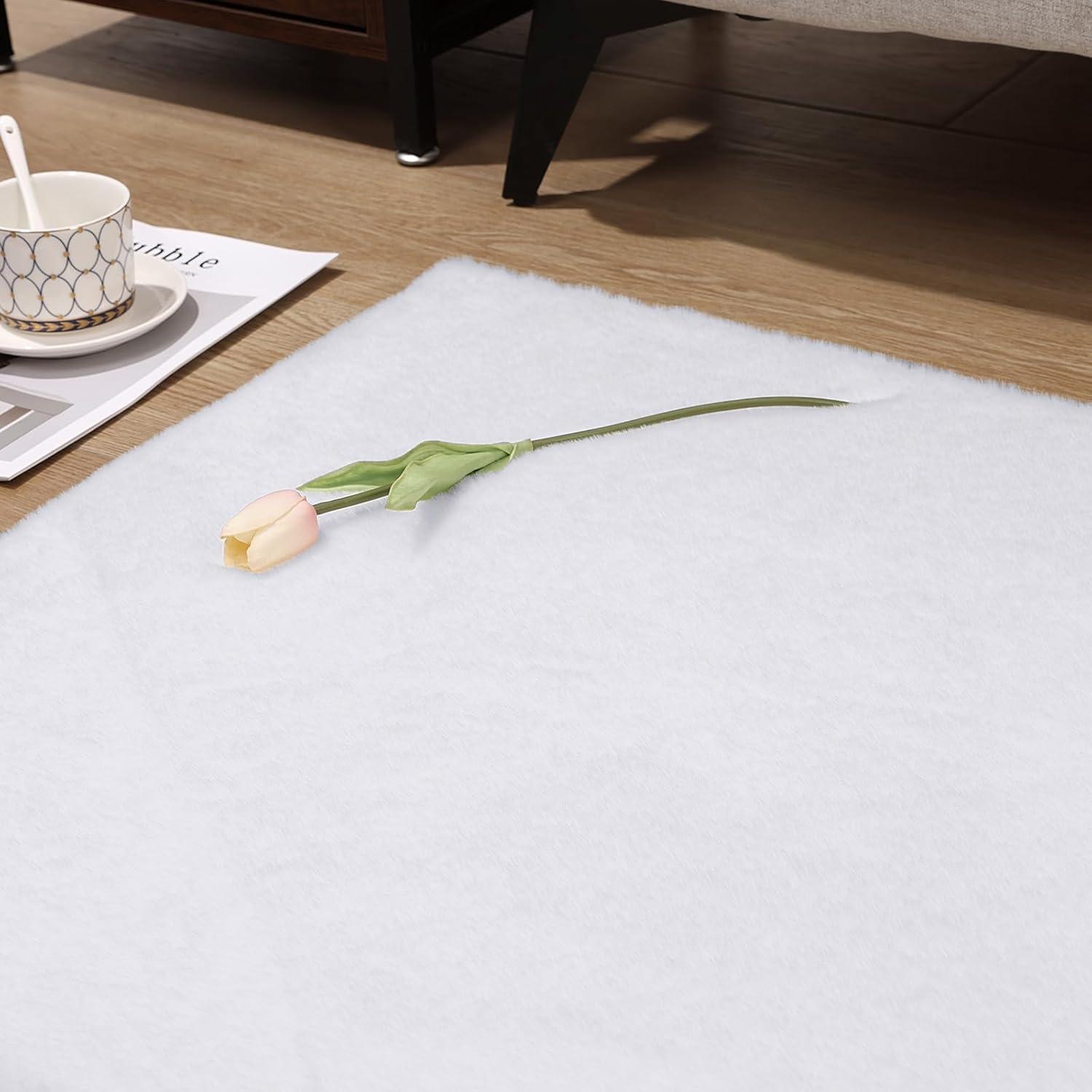 Weißer Hasenfell-Teppich Langflor 60x160cm, Hochflor Shaggy Wohnzimmer Sofa