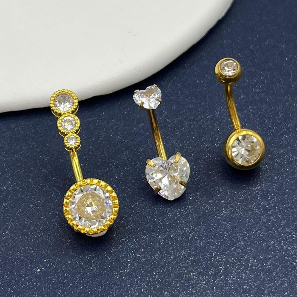 3er Set Bauchnabelpiercing Edelstahl Zirkonia Gold 8mm