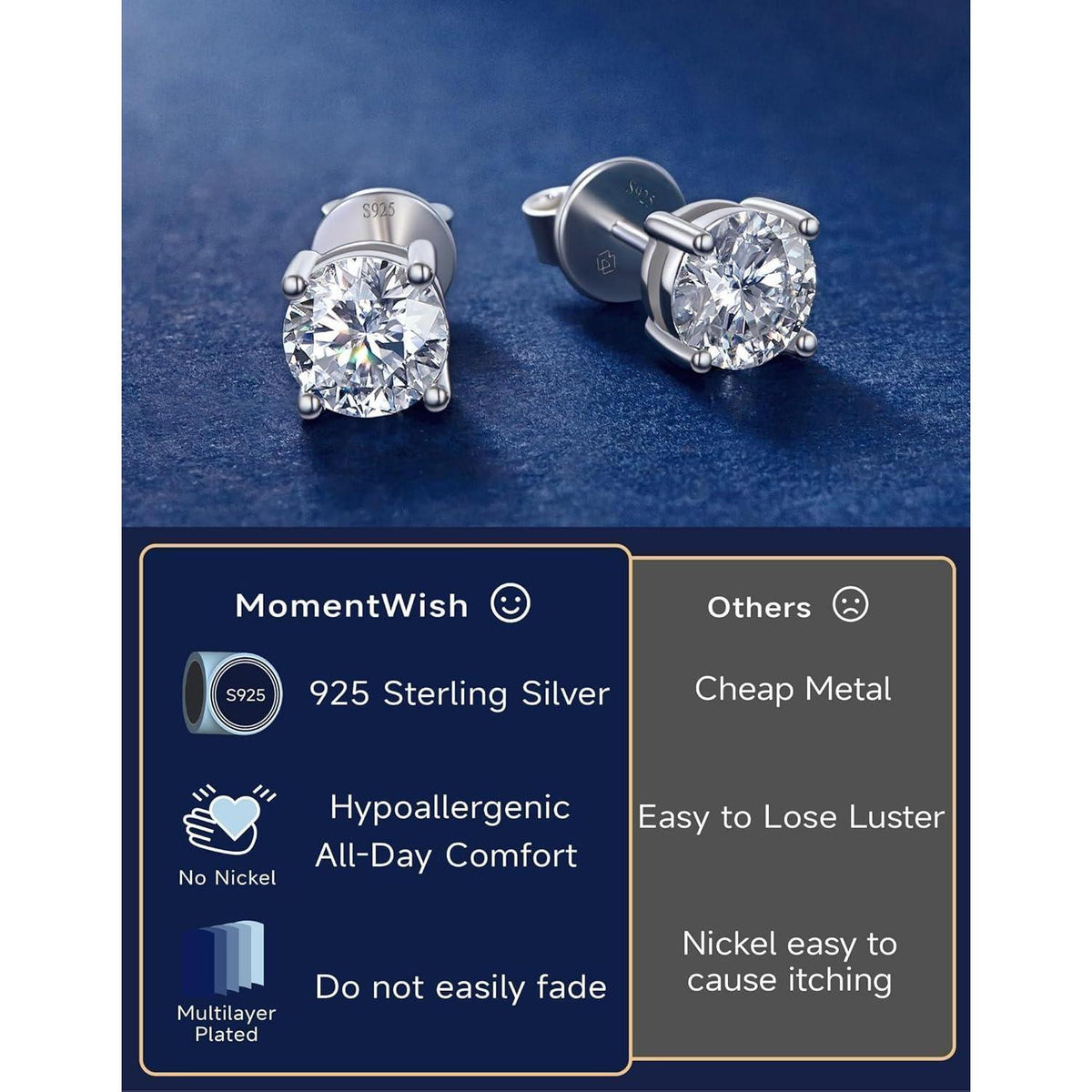 Moissanit Ohrstecker Silber 925, 4 Karat, 4-Zacken-Fassung, Geschenk für Frauen