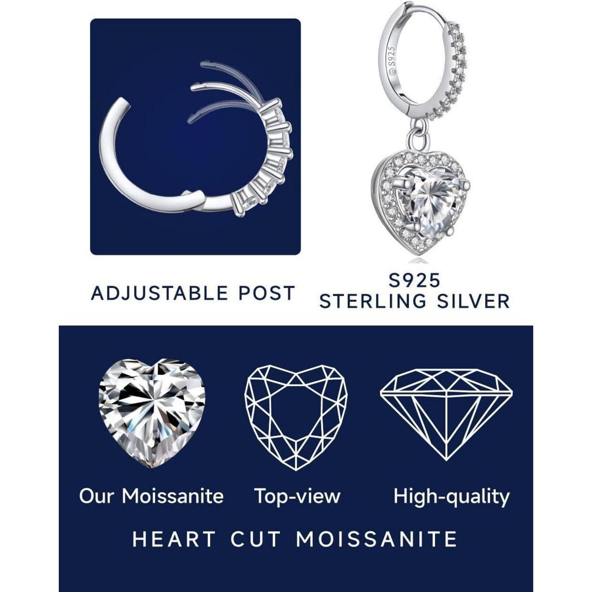 Creolen mit Herz Anhänger, 2 Karat Moissanit, Sterling Silber 925, Romantisches Geschenk
