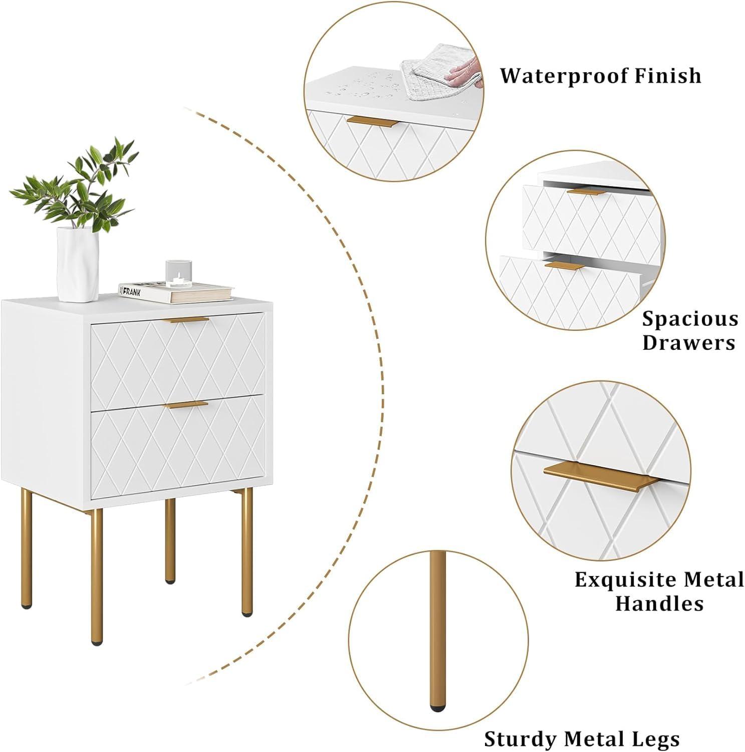 HEYZOEY Nachttisch mit 2 Schubladen Weiß Gold Modern Boho
