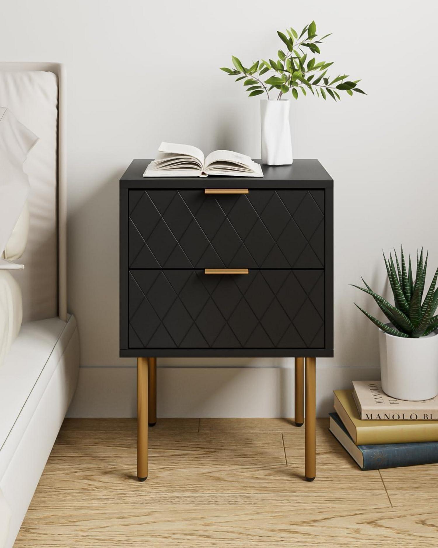 Nachttisch mit 2 Schubladen Modern Schlafzimmer Wohnzimmer Schwarz